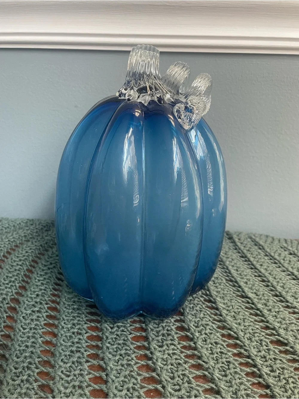 Blue Glass Pumpkin Decorative Accent with Clear Stem